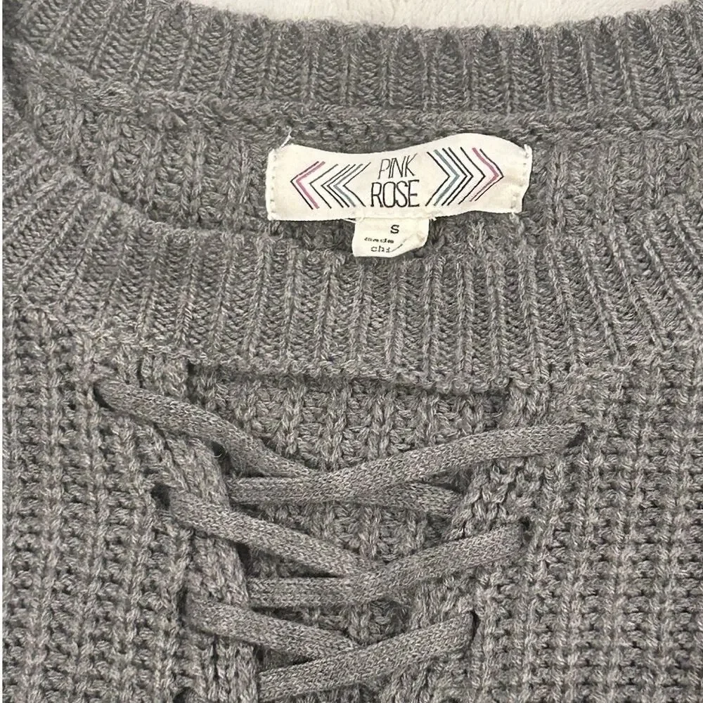 Pink Rose Gray Solid Lace-Up Crewneck Waffle-Knit Pullover Sweater Women S